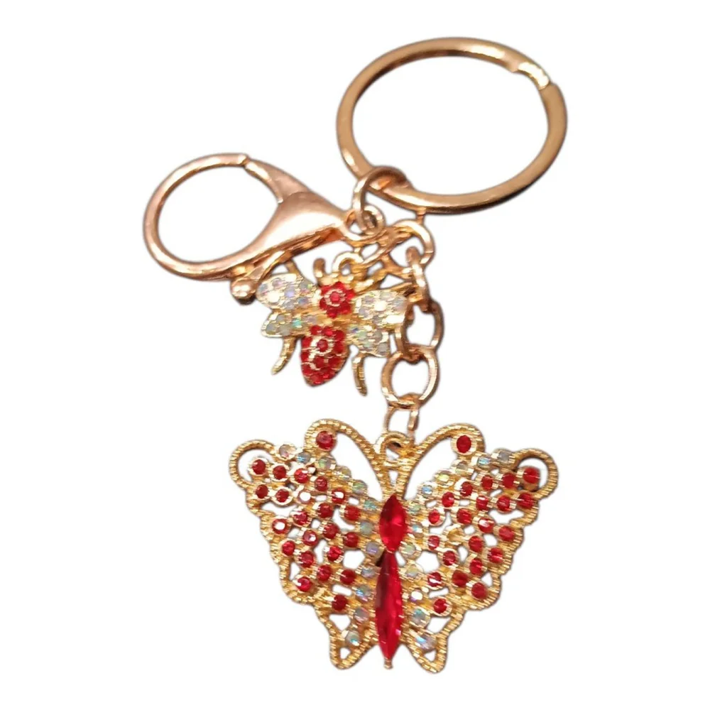 Beautiful Ruby Rhinestone Butterfly Bumblebee Gold Tone Keychain Purse Charm